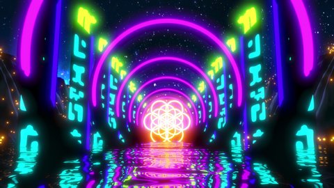 Abstract Flower of Life Sci-fi River Neon Lights Motion Seamless Loop VJ Abstract Relaxing Music Video Background Universe Night Sky High Quality 