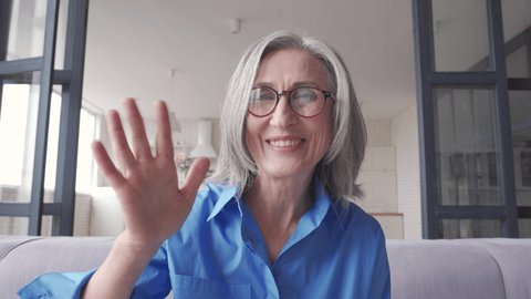 Happy old senior grey-haired woman grandmother waving hand talking to web cam video conference calling enjoying social distance party, virtual family online chat meeting at home, webcam view.