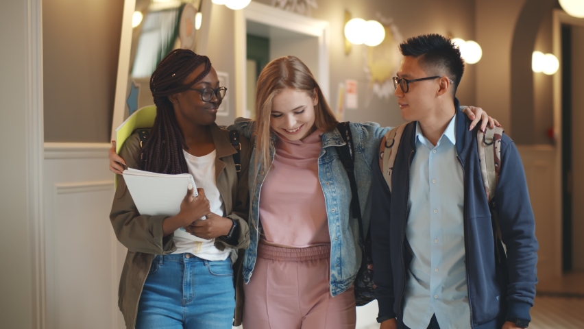 Positive diverse group of young and stylish students going home after lecture on long corridor. Happy multiethnic students hugging walking in hallway of university building Royalty-Free Stock Footage #1062412597