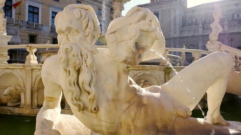 The Praetorian Fountain or Fontana Pretoria in Palermo, Sicily, Italy. Landmarks of Sicily. Slow steadicam shot 