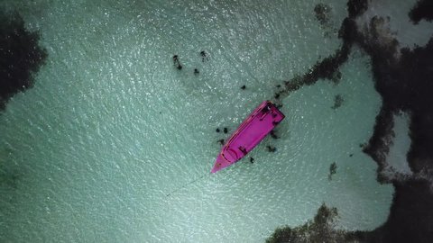 Aerial footage of a glass bottom boat on nylon pool in tobago.