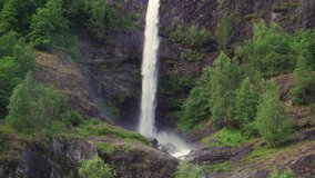 One of the many waterfalls on the shores of the Naeroy fjord. A stream of whitewater falling from the hight. meeting the rock, breaking into millions of tiny droplets. Pines grow on the steep rock.
