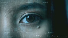 Futuristic biometric retina recognition algorithm technology scanning a young teenager's pupil with invisible infrared light to pick up unique patterns in the iris for personal authentication - Powered by Shutterstock - Get 15% off with code: PIKWIZARD15