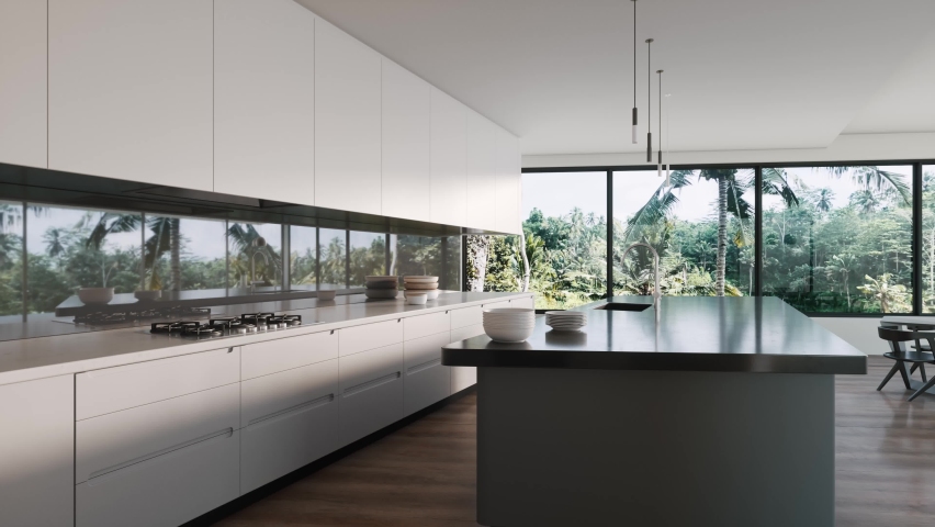 Modern kitchen interior with large windows. Modern kitchen with tropical view. 3d visualization | Shutterstock HD Video #1062421915
