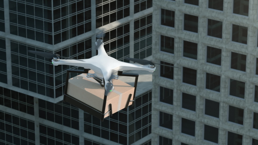 Close-up Copter Flying Delivering Package in Town. Aerial Drone Parcel Delivery. Commercial Packaging Delivery Quadcopter in Sky. Concept Receiving Air Shipment. Automatic Unmanned UAV Process Fly Royalty-Free Stock Footage #1062422011