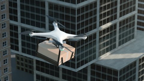 Close-up Copter Flying Delivering Package in Town. Aerial Drone Parcel Delivery. Commercial Packaging Delivery Quadcopter in Sky. Concept Receiving Air Shipment. Automatic Unmanned UAV Process Fly