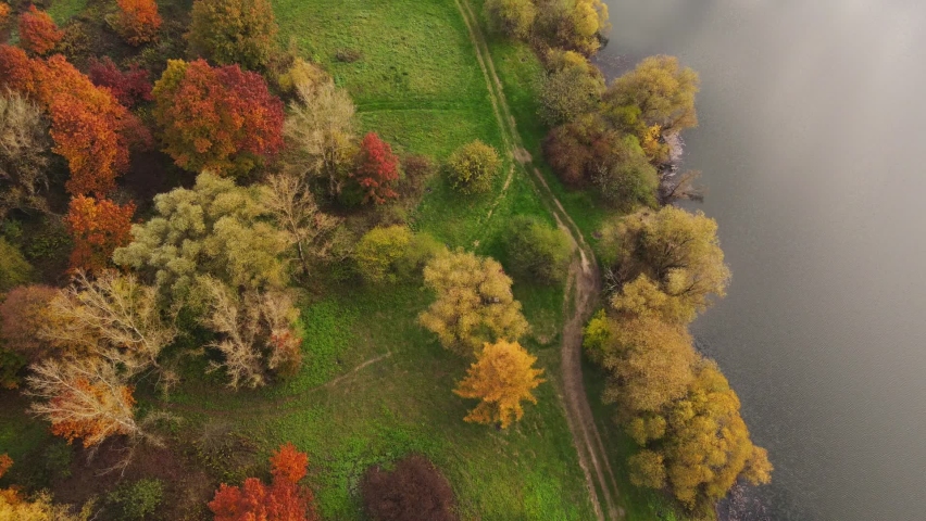 aerial view of autumn peninsula colorful leaves copy space