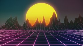 Colorful low poly wireframe sun among mountains parallax 4k looping background