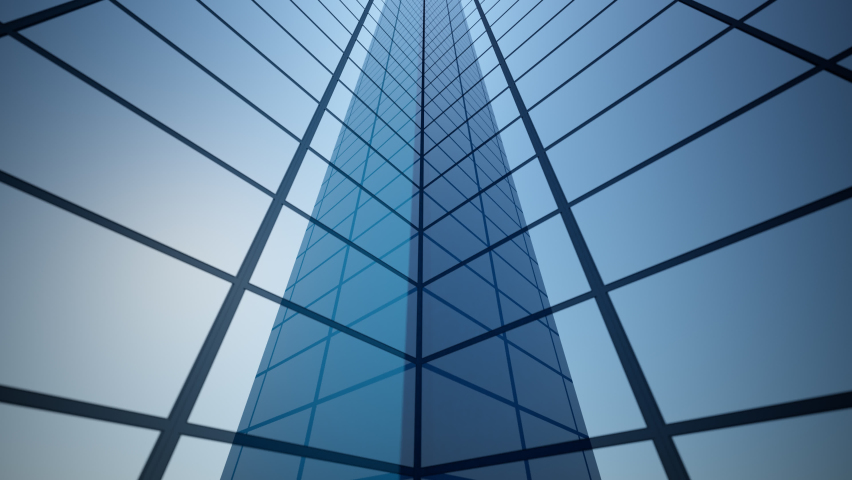 3d rendering of part of an abstract bright skyscraper with moving camera and seamless loop. Simple forms of buildings in daylight with reflections. Royalty-Free Stock Footage #1062425077