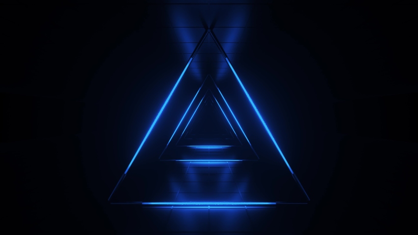Abstract blue futuristic background. Space from glowing neon light tubes on black background. Technology, VJ concept. Tunnel interior view from a triangle. Led lamp. 3d loop animation of 4K | Shutterstock HD Video #1062430123