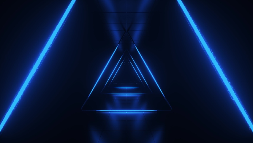 Abstract blue futuristic background. Space from glowing neon light tubes on black background. Technology, VJ concept. Tunnel interior view from a triangle. Led lamp. 3d loop animation of 4K