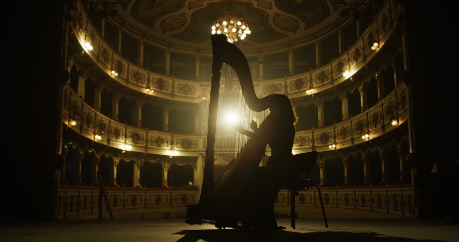 Cinematic close up shot of professional female harpist is playing harp solo on a classic theater stage with dramatic lighting before start a music concert. | Shutterstock HD Video #1062430963