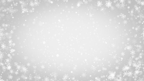 Elegant silver abstract particles with snowflakes. Christmas animated grey background. Background white glitter - winter theme. Seamless loop.