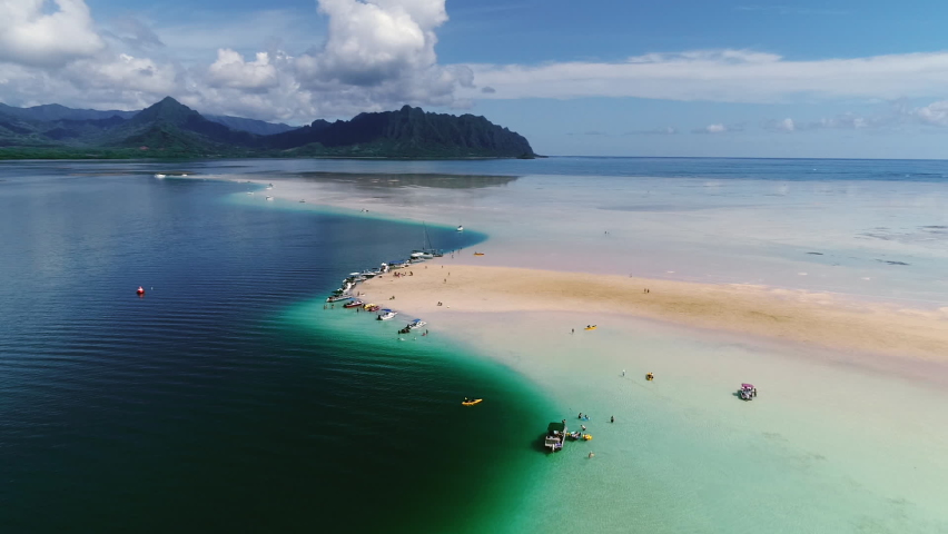 Aerial, pov, Kaneohe Bay in the morning, Hawaii, USA