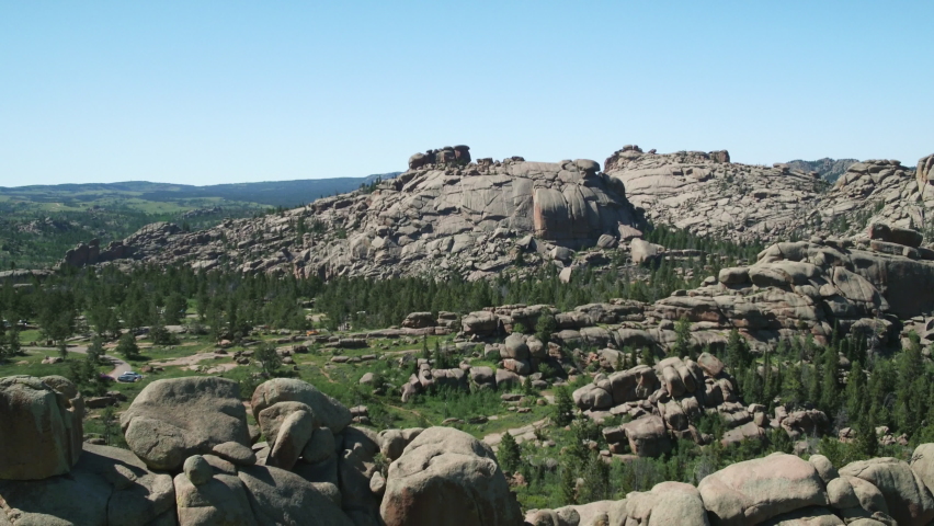 Aerial, pov, rock formations outside of Cheyenne, WY, USA