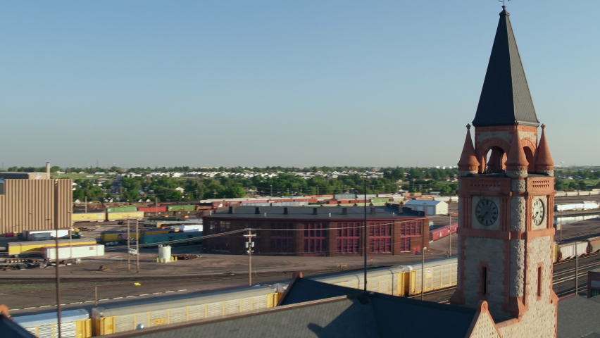 Aerial, pov, Cheyenne cityscape on a sunny day, WY, USA