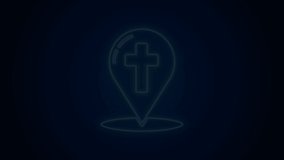 Glowing neon line Map pointer with christian cross icon isolated on black background. 4K Video motion graphic animation.