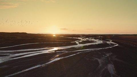 Aerial, pov, a flock of birds against a golden sunset outside of Reykjavik, Iceland