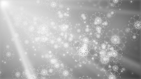 Flares Light Winter Snow, Falling frosty crystal abstract snowflakes animation loop. 4K 3D seamless loop magic Christmas snowfall on white background. Festive New Year and Christmas background.