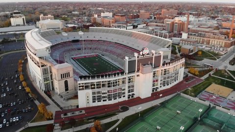 COLUMBUS , OH / United States - 11 10 2020: Ohio Stadium South end - push in - Aerial drone - Columbus Ohio.
