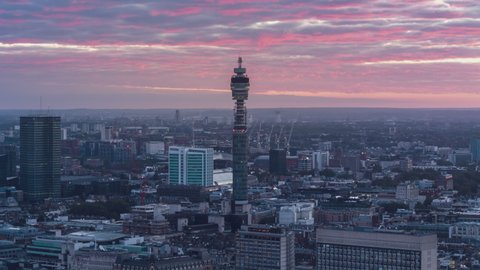 Wonderful Pink Sky in the morning, Generic Aerial View Shot of London UK, United Kingdom, BT Tower