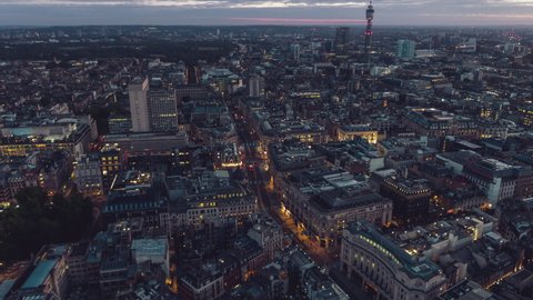 Covid19, Coronavirus pandemic 2020, Empty Regent Street in the evening, Establishing Aerial View Shot of London UK, United Kingdom