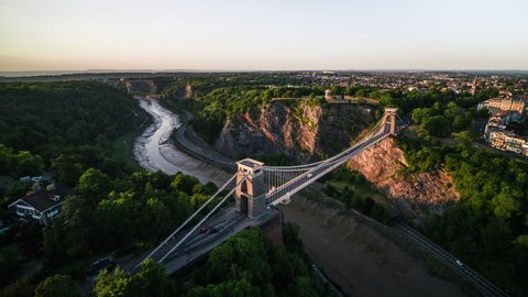 Aerial View Shot of Bristol UK, Superb Clifton Suspension Bridge and Observatory, United Kingdom sunset late afternoon