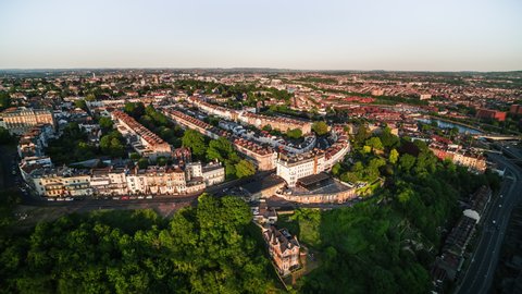 Aerial View Shot of Bristol UK, wonderful architecture, United Kingdom sunset late afternoon