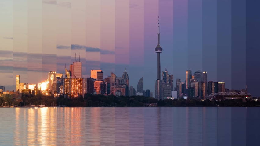 Smooth timelapse of Toronto city downtown skyline  with beautiful scenic clouds moving over downtown financial district highrise buildings and during sunset time. 