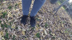 Quality video. Image of a person spinning in the forest. Leaves on the ground.