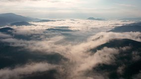 Drone flight over low clouds and morning mists covered mountain slopes at sunrise, the Rhodope Mountains in Bulgaria
