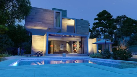 3D animation around  of a big contemporary house with  pool and garden in the evening
