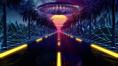 Retrowave VJ videogame landscape with flying saucer, neon lights and low poly terrain grid. Stylized vintage vaporwave 3D animation with road and UFO. 4K