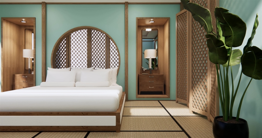 Cyan Mint Circle shelf wall design on bed room japanese deisgn with tatami mat floor. 3D rendering
