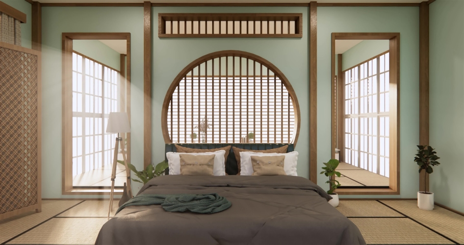 Cyan Mint Circle shelf wall design on bed room japanese deisgn with tatami mat floor. 3D rendering
