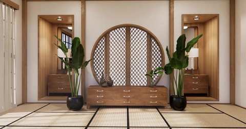 Circle wall design and cabinet on empty  Living room japanese deisgn with tatami mat floor. 3D rendering