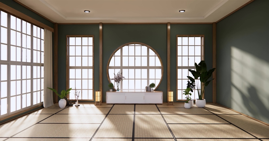 Dark Circle wall design and cabinet on empty  Living room japanese deisgn with tatami mat floor. 3D rendering