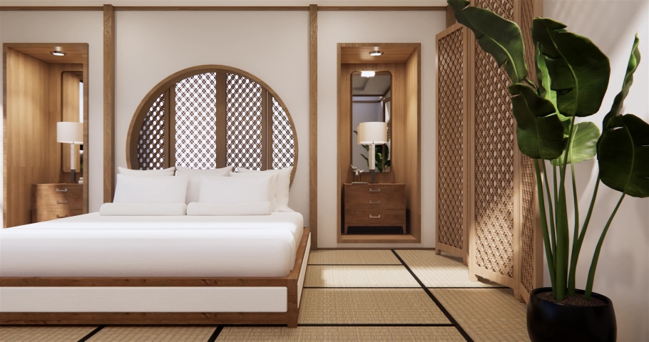 Circle shelf wall design on Bedroom japanese deisgn with tatami mat floor. 3D rendering