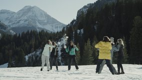 Wide shot of playful women in field having snowball fight / Tibble Fork, Utah, United States