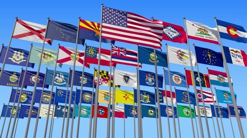 All the Flags of the States of the United States together on a flagpole flutter in the wind. Endless Animation. LOOP / CYCLE Animation.