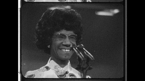 1972 Miami Beach. Shirley Chisholm first African-American candidate for President of the United States, at the 1972 The Democratic National Convention. 4K Overscan of Vintage 16mm Film Print