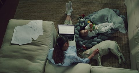 Cinematic top view of an young neo mother is doing smart working with laptop on a floor with her newborn baby and sleeping Labrador puppy in a living room at home. 