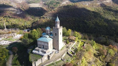 Aerial view of Ruins of The capital city of the Second Bulgarian Empire medieval stronghold Tsarevets, Veliko Tarnovo, Bulgaria