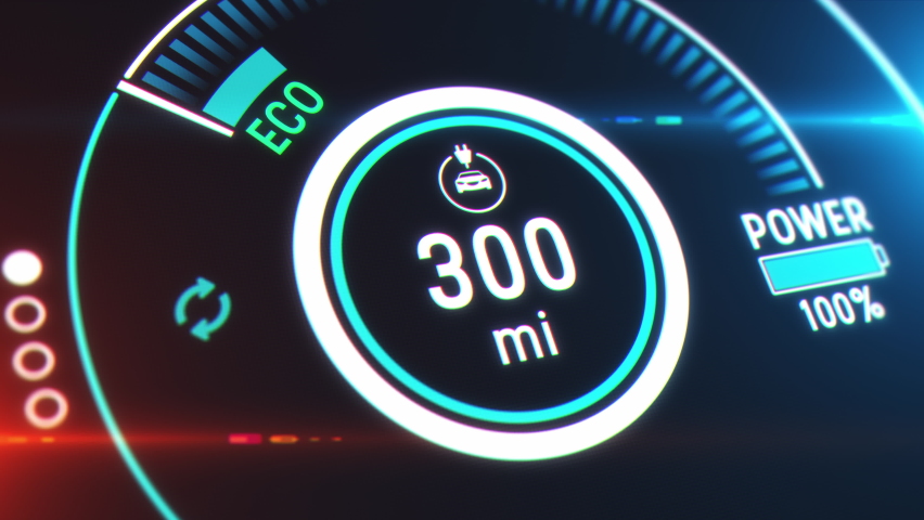 Electric Car Charging Indicating the Progress of the Charging, electric vehicle battery indicator showing an increasing battery charge. the indicator shows it fills up to 300 miles. Royalty-Free Stock Footage #1062494782