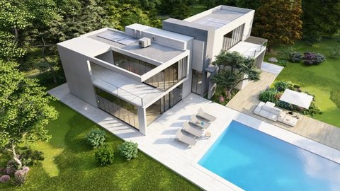3D animation with a big contemporary house with a pool and a garden