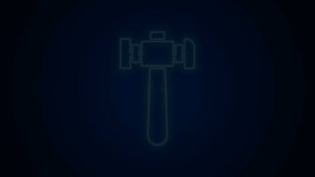Glowing neon line Hammer icon isolated on black background. Tool for repair. 4K Video motion graphic animation.