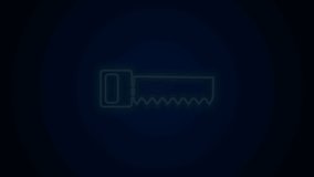 Glowing neon line Hand saw icon isolated on black background. 4K Video motion graphic animation.