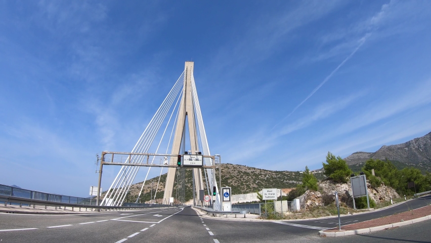 Driving on Franjo Tudman Bridge at the western approach to Dubrovnik, Croatia