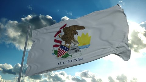 Illinois flag on a flagpole waving in the wind in the sky. State of Illinois in The United States of America