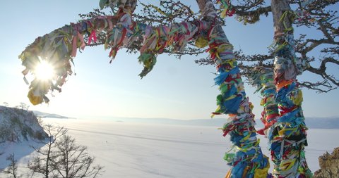 Colored ritual ribbons tied up on a shamanic tree with the frozen Lake Baikal background at Shaman rock in cape Burhan of the Olkhon Island, Russia. Slowmotion.